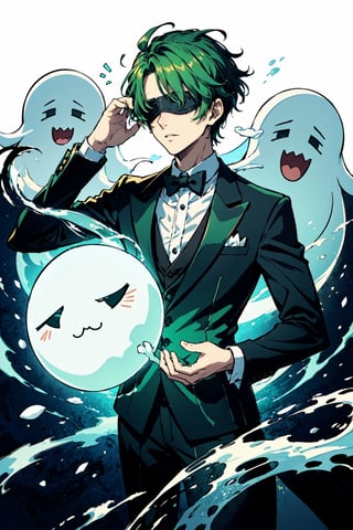 (masterpiece),vivid,a handsome man ,green tuxedo,multicolored hair,blindfolded ,messy wolfcut hairstyle, surrounded by ghost,Persona Cut In,midjourney