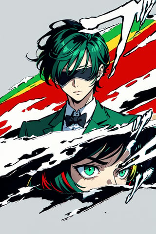 (masterpiece),vivid,a handsome man ,green tuxedo,multicolored hair,blindfolded ,messy wolfcut hairstyle, surrounded by ghost,Persona Cut In,midjourney