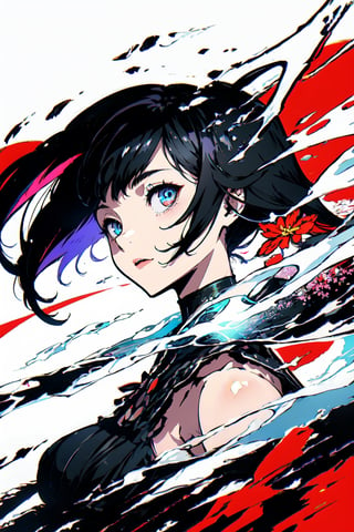 (masterpiece),vivid,a beautiful girl ,black dress,multicolored hair,red blossoms,white background, surrounded by ghost,Persona Cut In,midjourney