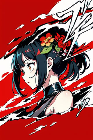 (masterpiece),vivid,a beautiful girl ,black dress,multicolored hair,red blossoms,white background, surrounded by ghost,Persona Cut In,midjourney