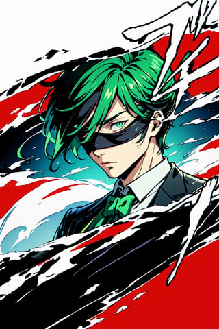 (masterpiece),vivid,a handsome man ,green tuxedo,multicolored hair,blindfolded ,messy wolfcut hairstyle, surrounded by ghost,Persona Cut In,midjourney