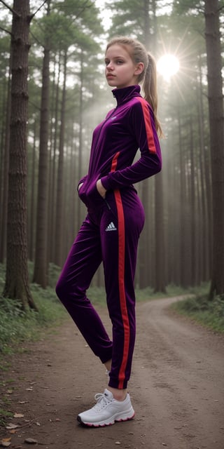 18yo girl, Norwegian, jogging, blond_hair, masterpiece, best quality, ultra detailed, hyper realistic, no_makeup, aesthetic, tight velvet track suit, morning, sun, mist, forest lake, halation, analog, In the style of realistic hyper - detailed. ((full-body. Facing the viewer)). (((35mm, style raw))). cinematic still frame , halation effect,

,cutecore vaporwave style,Sexy Pose