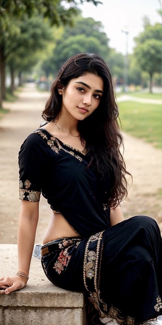lovely cute young attractive teenage girl in a black sari, 19 years old, cute, an Instagram model, long colourful hair, winter, sitting in a park
