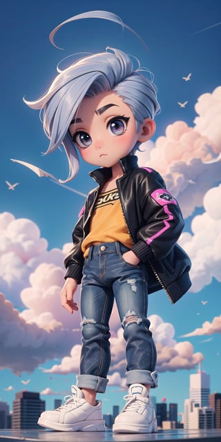  Masterpiece by master, looking_at_camera, Cute chibi 1boy figure, stylish attire, black long jacket, dark blue jeans, faux hawk hairstyle, innocent, 4k, aesthetic, daytime, clouds, cityscape background, fhd,chibi 1boy,1boy,SAM YANG,3DMM,chibi,pastelbg