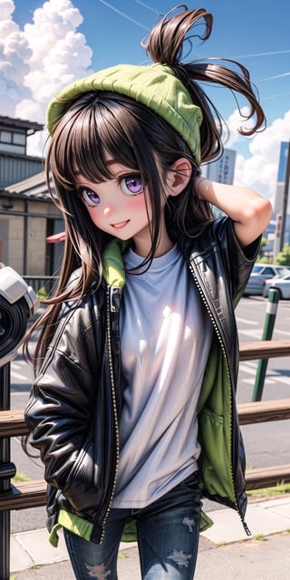  Masterpiece by master, 20 y/o, fit body, looking_at_camera, :), smiling face, Cute 1girl figure, stylish attire, Purple Long Jacket, full white t shirt, dark blue jeans, long hair, black hair, innocent, 4k, aesthetic, blue sky, natural light, daytime, clouds, Tokyo city street background,fhd,sole_female,1girl,one_girl,ONE_GIRL,SAM YANG,3DMM, detailed_background ,Portrait