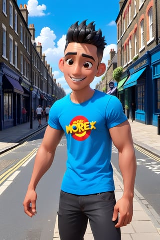 disney style, teen boy, sole_male, fit body, smiling, cute, aesthetic clothes, disney pixar style, faux hawk hairstyle, black hair, casual clothes,  city street, London, aesthetic background, masterpiece, master, amazing, rich texture, ample light, blue sky, boy, 1guy, male,more detail XL,3d style,LinkGirl