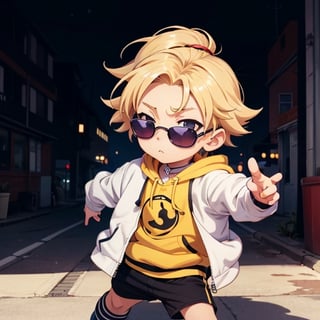 Cute anime 1boy, hoody, innocent, chibi, sunglasses, 1boy  dancing,SAM YANG,viking