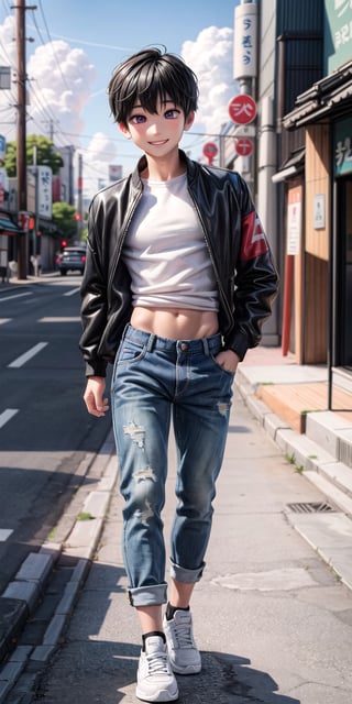  Masterpiece by master, 22 y/o, fit body, looking_at_camera, :), smiling face, Cute 1boy figure, stylish attire, Purple Long Jacket, dark blue jeans, faux hawk hairstyle ((black)), black hair, innocent, 4k, aesthetic, blue sky, natural light, daytime, clouds, Tokyo city street background, fhd,1boy,1boy,one_boy,ONE_BOY,SAM YANG,3DMM, detailed_background 