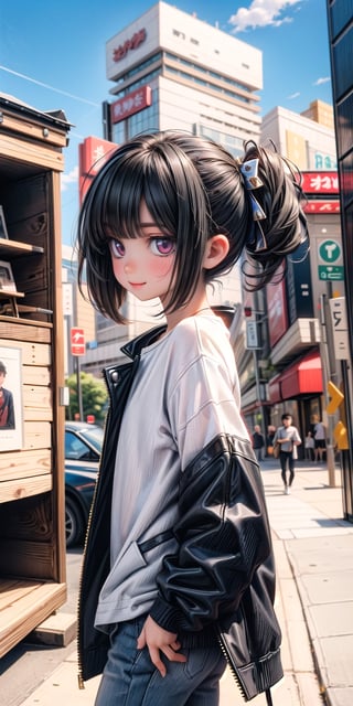  Masterpiece by master, 22 y/o, fit body, looking_at_camera, :), smiling face, Cute 1boy figure, stylish attire, Purple Long Jacket, full white t shirt, dark blue jeans, faux hawk hairstyle ((black)), black hair, innocent, 4k, aesthetic, blue sky, natural light, daytime, clouds, Tokyo city street background, fhd,1boy,1boy,one_boy,ONE_BOY,SAM YANG,3DMM, detailed_background ,klee (genshin impact),Portrait