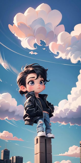  Masterpiece by master, looking_at_camera, Cute chibi 1boy figure, stylish attire, black long jacket, dark blue jeans, faux hawk hairstyle, innocent, 4k, aesthetic, daytime, clouds, cityscape background, fhd,chibi 1boy,1boy,SAM YANG,3DMM,chibi,pastelbg