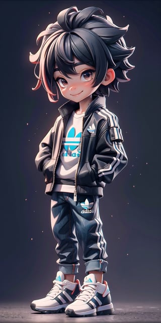  Masterpiece by master, Cute chibi 1boy figure, stylish attire, Red long jacket ((height:1.5)), dark blue jeans, Adidas Mid-top shoes ((Adidas Logo)), short hair, faux hawk hairstyle, smiling expression, innocent, 4k, aesthetic, pastel Japanese city street background, fhd,chibi 1boy,1boy,SAM YANG,3dcharacter,chibi,1chibiboy,pastelbg,milf,3DMM,high lights