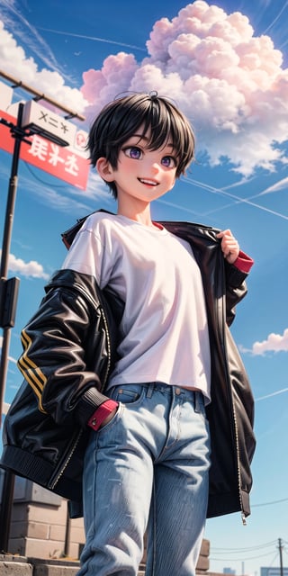  Masterpiece by master, 22 y/o, fit body, looking_at_camera, :), smiling face, Cute 1boy figure, stylish attire, Purple Long Jacket, full white t shirt, dark blue jeans, faux hawk hairstyle ((black)), black hair, innocent, 4k, aesthetic, blue sky, natural light, daytime, clouds, Tokyo city street background, fhd,1boy,1boy,one_boy,ONE_BOY,SAM YANG,3DMM, detailed_background 