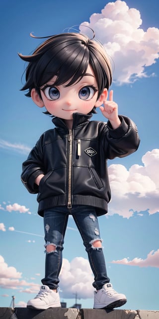  Masterpiece by master, looking_at_camera, :), smiling face, Cute chibi 1boy figure, stylish attire, black long jacket, dark blue jeans, faux hawk hairstyle, innocent, 4k, aesthetic, blue sky, natural light, daytime, clouds, city street background, fhd,chibi 1boy,1boy,one_boy,ONE_BOY,SAM YANG,3DMM,chibi, detailed_background 