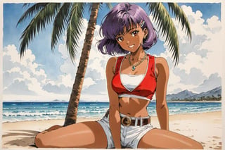 (masterpiece, top quality, super high resolution, anatomically accurate, perfect anatomy, exquisite details, traditional media, retro art style, 1980s style), 1 girl, solo, Nadia La Alwall, dark skinned woman, smiling, (purple hair, short bob cut, hair clip), jewelry, necklace, (red vest, sleeveless), white tube top, red waistband, brown bandeau, white shorts, (beach background, palm trees, sand, sea), sitting, supporting arms, looking at viewer, source_anime, score_9, score_8_up, score_7_up, very detailed, clear lines