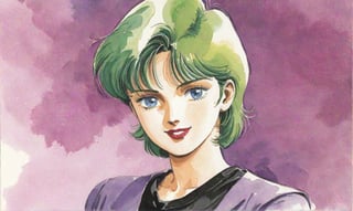 Traditional media, Retro art style, Watercolor, 1980s style, Four Murasame, 1 woman, Solo, Short hair, Blue eyes, Green hair, Lipstick, Smiling, Looking at viewer, Collarbone, Purple shirt, Black long sleeve shirt, Black 7/8 tights, Light purple socks, Low pumps, (Portrait, Watercolor), Full body,
