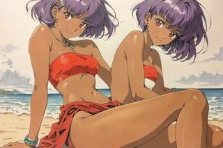 (Masterpiece, Top Quality, Ultra High Resolution, Anatomically Correct, Perfect Anatomy, Exquisite Details, Traditional Media, Retro Art Style, 1980s Style), 1 Girl, Solo, Nadia La Alwall, Purple Hair, Short Bob Cut, Dark Skinned Woman, Red Loincloth, Jewelry, Bandeau, Purple Hair, Hair Clip, Red Vest, Necklace, Beach, Sitting, Supporting Arms, Smiling, Looking at Viewer, source_anime, score_9, score_8_up, score_7_up,Highly Detailed, Clear Lines