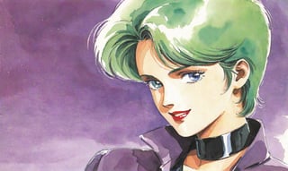 Traditional media, Retro art style, Watercolor, 1980s style, Four Murasame, 1 woman, Solo, Short hair, Blue eyes, Green hair, Lipstick, Smiling, Looking at viewer, Collarbone, (Purple coat, Large turned-up collar), Purple miniskirt, Black long-sleeved shirt, Black 7/8 tights, Light purple socks, Low pumps, (Portrait, Watercolor), Full body,