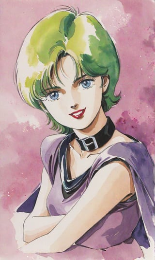 Traditional media, Retro art style, Watercolor, 1980s style, Four Murasame, 1 woman, Solo, Teenage girl, Short hair, Blue eyes, Green hair, Lipstick, Smiling, Looking at viewer, Collarbone, (Purple cape, Large turned-up collar), Purple miniskirt, Black long-sleeved shirt, Black 7/8 tights, Light purple socks, Low pumps, (Portrait, Watercolor), Full body,