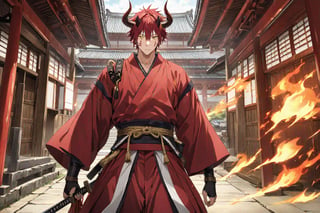 (masterpiece, top quality, ultra HD anime, super high resolution, anatomically accurate, perfect anatomy, exquisite detail), (front view), looking at camera, one boy, solo, male focus, (benimaru_tensura), (red hair, yellow eyes, hair between eyes, horns, demon horns, facial mark), expressionless, asymmetrical, samurai red kimono, gold jinbaori, flame embroidery, black geta, samurai sword, white tabi, flying in the air with a sword, (temple background, old room, stone room),
