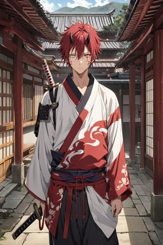 (masterpiece, top quality, ultra HD anime, super high resolution, anatomically accurate, perfect anatomy, exquisite detail), (front view), looking at camera, one boy, solo, male focus, (benimaru_tensura), (red hair, yellow eyes, hair between eyes, horns, demon horns, facial mark), expressionless, asymmetrical, samurai red kimono, gold jinbaori, flame embroidery, black geta, samurai sword, white tabi, flying in the air with a sword, (temple background, old room, stone room),