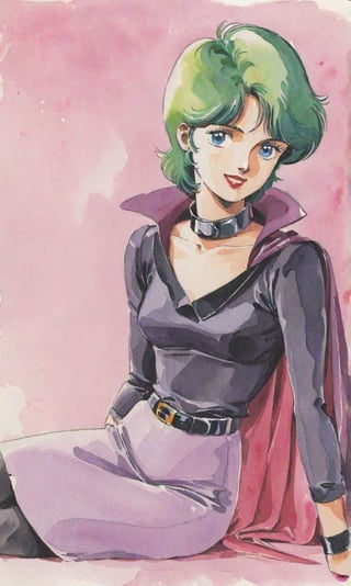 Traditional media, Retro art style, Watercolor, 1980s style, Four Murasame, 1 woman, Solo, Teenage girl, Short hair, Blue eyes, Green hair, Lipstick, Smiling, Looking at viewer, Collarbone, (Purple cape, Large turned-up collar), Purple miniskirt, Black long-sleeved shirt, Black 7/8 tights, Light purple socks, Low pumps, (Portrait, Watercolor), Full body,