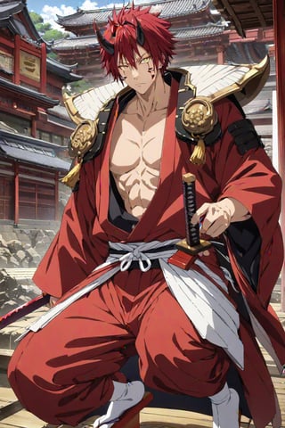 (masterpiece, top quality, ultra HD anime, super high resolution, anatomically accurate, perfect anatomy, exquisite detail), (front view), looking at camera, one boy, solo, male focus, (benimaru_tensura), (red hair, yellow eyes, hair between eyes, horns, demon horns, facial mark), expressionless, asymmetrical, samurai red kimono, black geta, white tabi, flying in the air with a sword, (temple background, old room, stone room),
