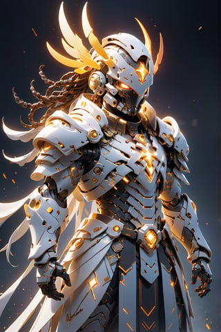 (masterpiece, best quality:1.5), EpicLogo, white glowing armor, robot, gold irradiated armor, luminous stoic face, look on viewer, angel style, central view, hyper real, hues, Movie Still, heavenly realms, full body, cinematic scene, intricate mech details , ground level shot, 8K resolution, Cinema 4D, Behance HD, polished metal, shiny, data, ethereal fire emitting from armor, hair in dreadlock braids, cross on chest plate, battle stance, skywalk background, radiant hues in background