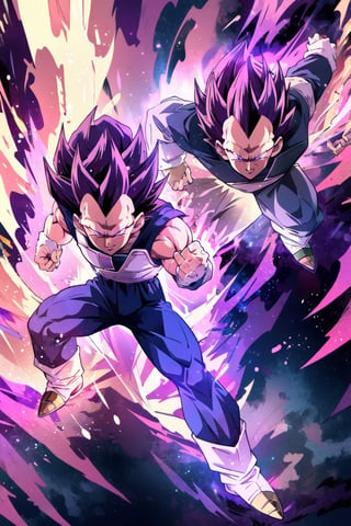 UE_vegeta, 2 boys, male focus, muscles, golden energy hair, purple eyes, no eyebrows,2 boys, smile, purple aura,r1ge, full body, majin boo energy, purple swirling vortex, super saiyan level 3, full body, ethereal fire background, goku dead, fury, embers swirling, super saiyan, Trunks super saiyan 