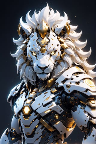 (masterpiece, best quality:1.5), EpicLogo, white glowing armor, robot, gold irradiated armor, luminous stoic face, look on viewer, lion style, central view, hyper real, hues, Movie Still, cyberpunk, full body, cinematic scene, intricate mech details , ground level shot, 8K resolution, Cinema 4D, Behance HD, polished metal, shiny, data, toystore background