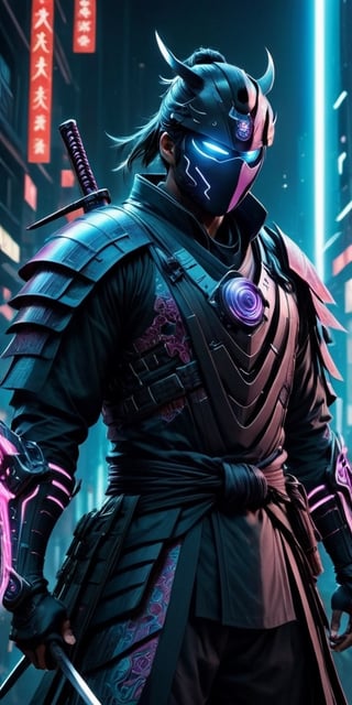 Generate hyper realistic image of a cyberpunk-inspired samurai donned in an adaptive nanofiber kimono, armed with an energy blade katana, with augmented reality visors enhancing their combat skills, embodying the fusion of ancient martial prowess and futuristic enhancements.photography style,Extremely Realistic, ,3dmdt1,rmspdvrs(manga),dark energy glow,gradient burn
