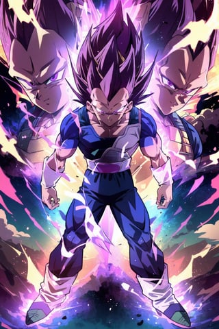 UE_vegeta, 2 boys, male focus, muscles, golden energy hair, purple eyes, sharp eyebrows,2 boys, smile, purple aura,r1ge, full body, majin boo energy, purple swirling vortex, super saiyan level 3, full body, ethereal fire background, goku dead, fury, embers swirling, super saiyan, Trunks super saiyan, sword fight, energy blast, Gallic gun