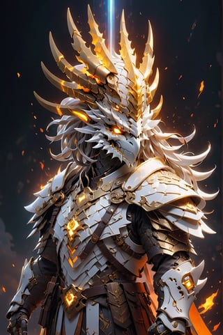 (masterpiece, best quality:1.5), EpicLogo, white glowing armor, magic armor, gold irradiated armor, luminous stoic face, look on viewer, eagle style, central view, hyper real, hues, Movie Still, gothic, full body, cinematic scene, intricate mech details , ground level shot, 8K resolution, Cinema 4D, Behance HD, polished metal, shiny, data, ethereal fire emitting from armor, hair in dreadlock braids, cross on chest plate, glowing sword in hand, dragon fire background