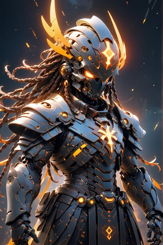 (masterpiece, best quality:1.5), EpicLogo, dark energy, glowing armor, robot, gold irradiated armor, luminous stoic face, look on viewer, angel style, central view, hyper real, hues, heavenly realms, full body, cinematic scene, intricate mech details , ground level shot, 8K resolution, Cinema 4D, Behance HD,alien weapon metal, shiny, data, ethereal fire emitting from armor, hair in dreadlock braids, cross on chest plate, battle stance, skywalk background, radiant hues in background