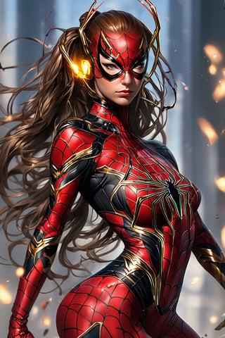 photograph of a beautiful 19 year old woman, delicate features, full body, long hair, ponytail, earrings, hair ornaments, iron spider suit, flirtatious energy, gradient burn, masterpiece nsfw, epic nsfw, funny, cute and sassy, wink, perfect aspect,perfect features, gorgeous, ripped uniform, sexy battle damage, crazy sexy,amped stripper,EpicLogo NSFW. money pile background perfect breasts, high energy, glow burn