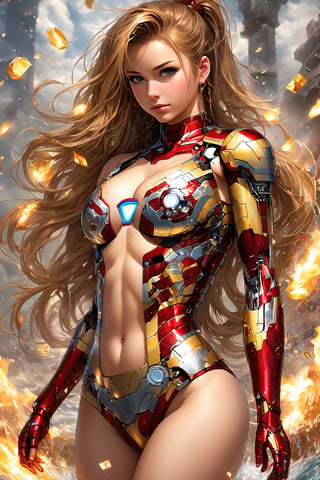 photograph of a beautiful 19 year old woman, delicate features, full body, long hair, ponytail, earrings, hair ornaments, iron man bathing suit, flirtatious energy, bikini hentai,gradient burn, masterpiece nsfw, epic nsfw, funny, cute and sassy, wink, perfect aspect,perfect, missing armor over nipples,features, gorgeous, ripped uniform, sexy battle damage, crazy sexy,amped stripper,EpicLogo NSFW. money pile background perfect breasts, high energy, glow burn, club theme, lust, twerk