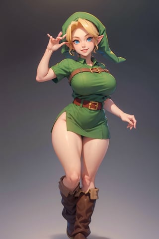 masterpiece, best quality, 1girl, younglink, blonde hair, blue eyes, hat, pointy ears, green tunic, belt, boots, hands on breasts, simple background, gigantic_breast, smiling at viewer