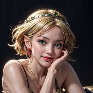 masterpiece, best quality, solo, stunningly beautiful young woman, tmbsszelda, short hair, badly combed hair, blonde hair, gold tiara, (green eyes), hearts, makeup, lipstick ,head only, 1 girl, looking at viewer, smile