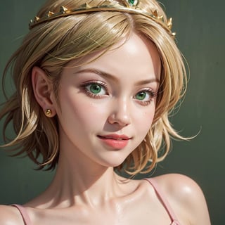 masterpiece, best quality, tmbsszelda, short hair, golden hair, gold tiara, (green eyes), makeup, lipstick, face only, face close up, 1 girl, looking at viewer, smile, simple background, side parting