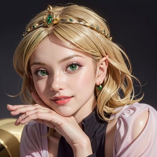 masterpiece, best quality, tmbsszelda, short hair, golden hair, gold tiara, (green eyes), makeup, lipstick, face only,1 girl, looking at viewer, smile, simple background