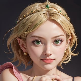 masterpiece, best quality, tmbsszelda, short hair, golden hair, gold tiara, (green eyes), makeup, lipstick, face only,1 girl, looking at viewer, smile, simple background, rings