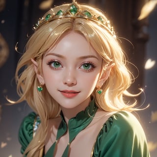 masterpiece, best quality, solo, stunningly beautiful young woman, tmbsszelda, short hair, badly combed hair, blonde hair, gold tiara, (green eyes), hearts, makeup, lipstick ,head only, 1 girl, looking at viewer, smile,1 girl