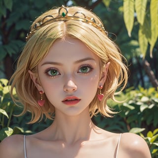 masterpiece, best quality, solo, stunningly beautiful young woman, tmbsszelda, short hair, badly combed hair, blonde hair, gold tiara, (green eyes), heart shaped pupils, makeup, lipstick ,head only, 1 girl, looking at viewer