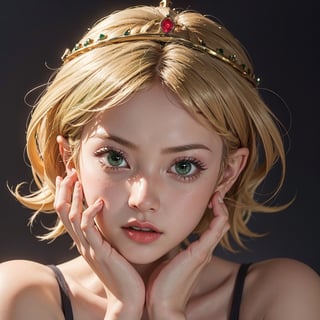 masterpiece, best quality, solo, stunningly beautiful young woman, tmbsszelda, short hair, badly combed hair, blonde hair, gold tiara, (green eyes), heart shaped pupils, makeup, lipstick ,head only, 1 girl, looking at viewer