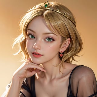 masterpiece, best quality, solo, stunningly beautiful young woman, tmbsszelda, short hair, badly combed hair, blonde hair, gold tiara, (green eyes), heart shaped pupils, makeup, lipstick ,head only, 1 girl, looking at viewer, smirk
