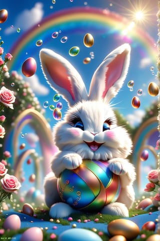 Chibi bunny (bunny fur:1.5) smiling charmingly, nestled among roses, gifts and golden seeds, framed by a verdant lawn dotted with Easter eggs, against a backdrop of blue skies and rainbow arches with floating soap bubbles, in a charmingly pose, photographed by Miki Asai with macro lens precision, trending on ArtStation with Greg Rutkowski's detailed fantasy style in 9k resolution, sharp focus aperture F 1.5, intricate details, setting studio photography, ultra high