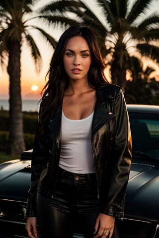 photo of Megan fox, weather leather jacket and black jeans, sunset ambience, standing near a black Mustang car, highly detailed, perfect lips, perfect eyes, looking at camera,  volumetric lighting, bokeh, shot on Nikon, 4K, RAW