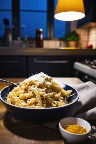 Photo of cooked pasta, dirty spoon in background, homemade picture, night time, Instagram quality, home atmosphere, close up, messy kitchen, natural, messy 