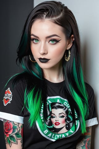 Photo of woman, green-black balayage hair, long straight hair, huge pin up eyelines, high quality, photorealistic, black t-shirt, pale skin, colorful tattoo sleeves