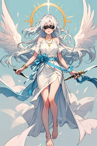 (best quality + artwork), (masterpiece), (work of art), best designer, best illustration, best drawing, (eyes closed), (solo:1.2), pastel colors, soft colors, colorful, an angel, eyes closed, wearing a shining sword, long white dress, blue crystal necklace, sky background, beautiful, illuminated, long white hair, white skin, barefoot, full_body, arms with gold armbands, knees with colored ribbons, (blindfolds on your eyes, white blindfolds)