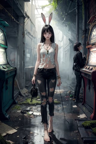 A girl with rabbit ears, black hair (short + bangs), white skin, torn clothes, with holes, dirty, shabby, stained, wearing ripped, holey, black pants, barefoot, wearing jewelry bracelets, a plastic necklace, scenery and abandoned arcade, with moss, cobwebs, dirty, worn floor as well as walls, little indirect linear lighting.